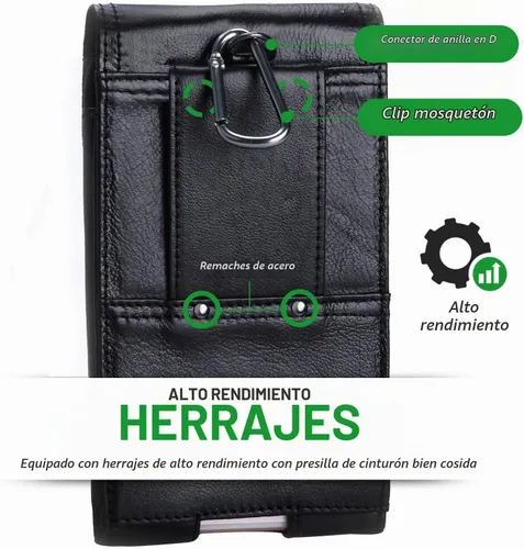 Vista 5 de Funda de cuero real para cinturón de teléfono celular con clip de Negro