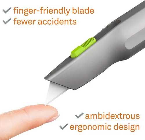 Vista 2 de Cuchillo utilitario con mango de metal, hoja de cerámica amigable con los dedos, se retrae automáticamente para mayor seguridad, mango de metal