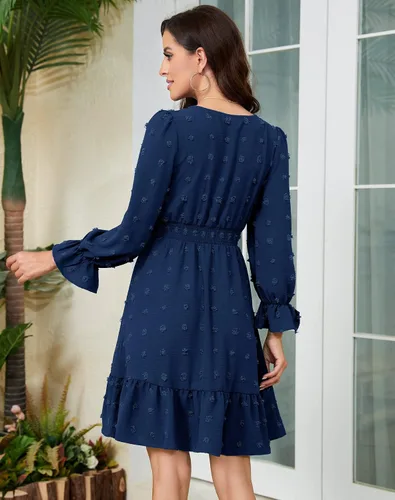 Vista 2 de Daisyaner Women's Dresses Summer Casual Dress Long Sleeve V Neck Swiss Dot Dress Smocked Short Beach Dresses