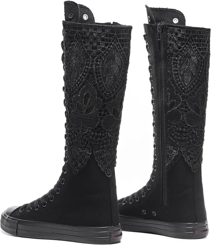 Vista 5 de Momuk Botas de lona de moda para niñas hasta la rodilla, Negro