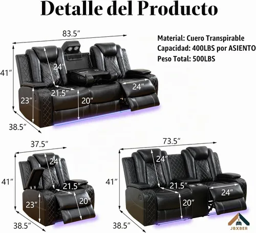 Vista 2 de Juego de sofá reclinable eléctrico para sala de estar, juego de sofá reclinable de cuero con luz LED, soporte para tazas, almacenamiento de consola