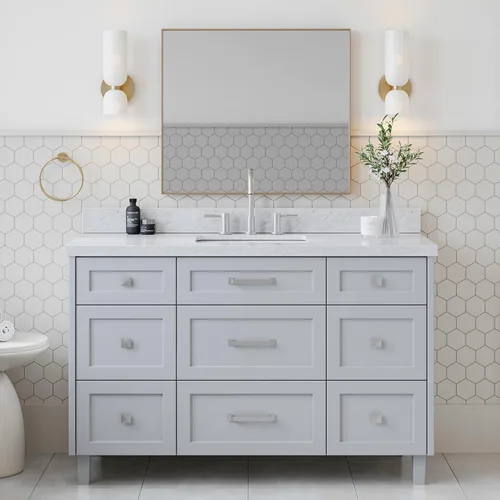 Vista 23 de ARIEL Hamlet - Mueble de baño de 54 pulgadas con fregadero, madera maciza, encimera de mármol italiano de Carrara de 1.5 pulgadas, fregadero