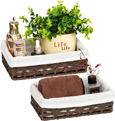 Vista 2 de Cesta rectangular de mimbre con forro, cesta decorativa para mesa de café, organizador de encimera de baño, organizador rectangular de cajones