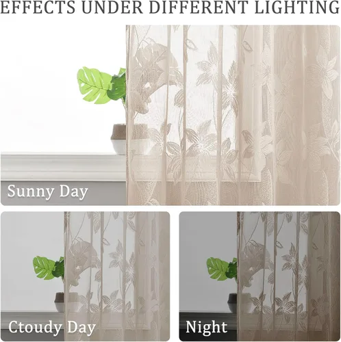 Vista 4 de DWCN Paquete de 2 cortinas traslúcidas pequeñas de encaje floral beige para cocina, cortinas traslúcidas ligeras con bolsillo para barra, cortinas