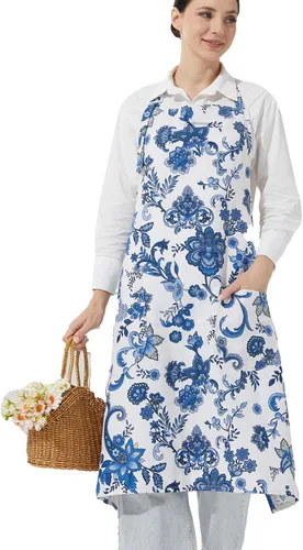 Vista 14 de Delantales de algodón y lino para hornear, talla grande, para mujer, con bolsillos, cocina