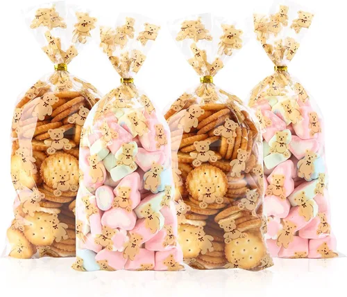 Vista 24 de 100 bolsas de celofán, bolsas de celofán transparente impresas con estrellas doradas de 3 x 5 pulgadas, 100 lazos giratorios, para envolver regalos