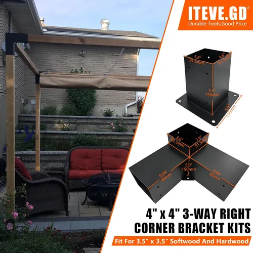 Vista 2 de Kit de soporte de esquina de pérgola de 3 vías, soporte resistente de calibre 13 con base de anclaje para poste a viga, de 4 x 4 pulgadas