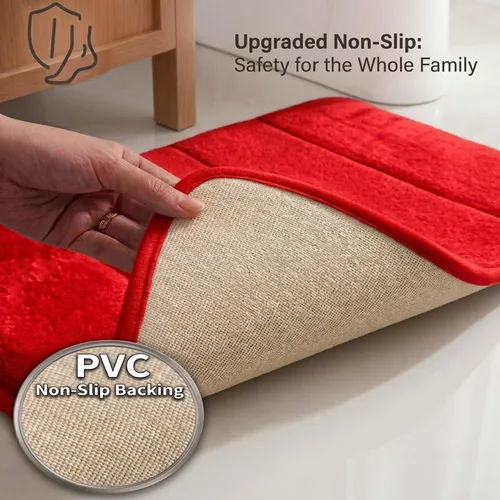 Vista 5 de Juego de 2 alfombras de baño de espuma viscoelástica, súper suaves, absorbentes, de secado rápido, alfombras de baño de espuma viscoelástica Rojo