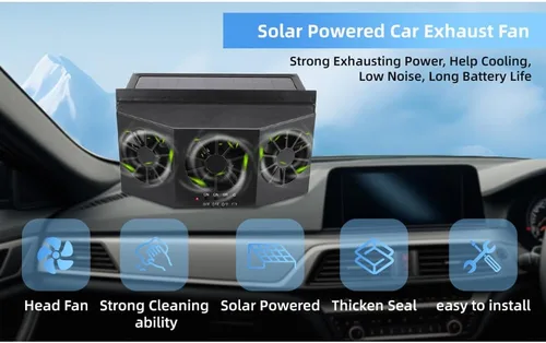 Vista 2 de Riloer Ventilador de coche con energía solar, ventilador de escape de automóvil con energía solar, radiador de automóvil, elimina el olor peculiar