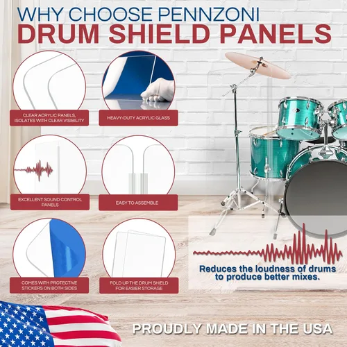Vista 2 de PENNZONI Drum Shield de 4 pies con bisagras de plástico, viene con 3 paneles de batería y bisagras de plástico, paneles de acrílico transparente