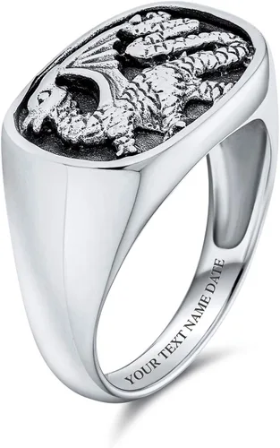 Vista 3 de Statement Black Onyx Gemstone Rectangle Goth Men's Viking Shield Signet Flying Winged Dragon Ring For Men Oxidized .925 Sterling Silver