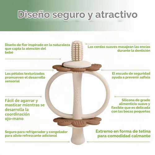 Vista 5 de juguetes de dentición de silicona para bebés haakaa, extremo con forma de pezón para masaje de encías, cabeza de cepillo de dientes de 360°
