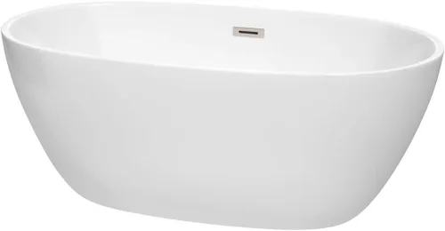Vista 10 de Juno - Bañera independiente de 63 pulgadas, color blanco, con drenaje de níquel cepillado y ribete de desbordamiento