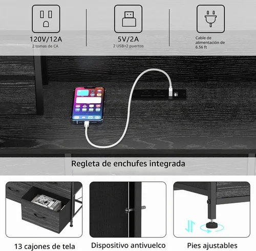 Vista 5 de Cómoda negra con estación de carga y luces LED de 13 cajones, cómodas para dormitorio, cómodas largas y baúles de cajones para sala de estar