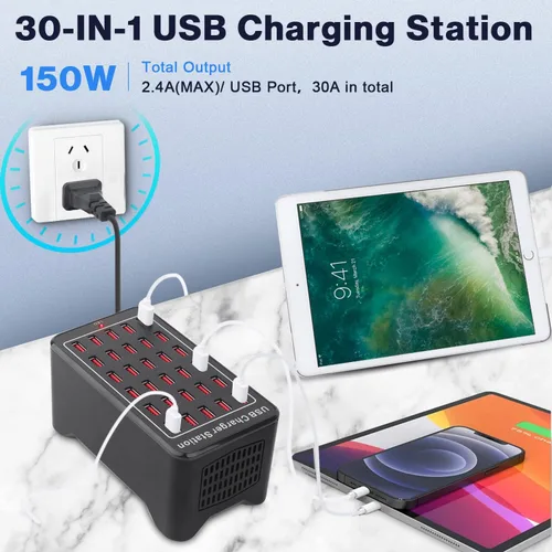 Vista 2 de Cinlinso Estación de carga USB de 30 puertos de 150 W (30 A), concentrador USB multipuerto con detección inteligente para teléfonos inteligentes