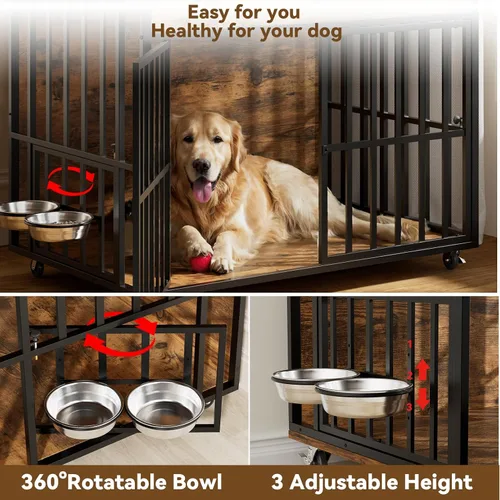 Vista 10 de Muebles de jaula para perros grandes y resistentes con cuencos y ruedas