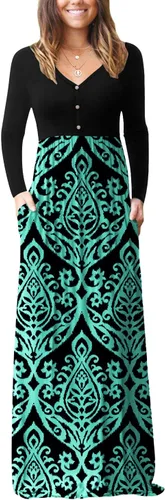 Vista 10 de GRECERELLE Vestido de manga larga con cuello en V para mujer, estilo casual, con botones, maxi, 2025, con bolsillos 01 Negro