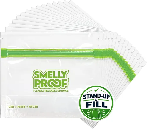Vista 15 de Smelly Proof 50 bolsas reutilizables de almacenamiento de alimentos expandibles de pie y relleno, fabricadas en Estados Unidos, sin PEVA ni BPA