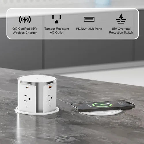 Vista 2 de ANNQUAN 4" Pop Up Outlet para Encimera Qi2 Cargador Inalámbrico 20W USB Blanco