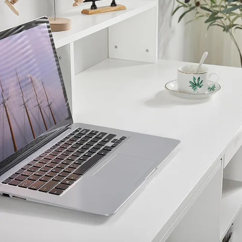 Vista 9 de Yaheetech Morden - Escritorio con bandeja para teclado, escritorio para computadora de oficina en casa, escritorio de madera para computadora