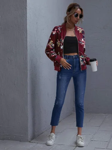 Vista 5 de Romwe Chaqueta bomber ligera con cremallera y estampado floral para mujer