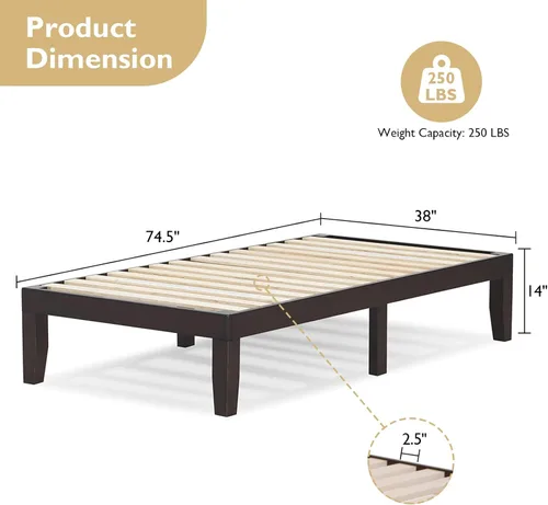 Vista 3 de COSTWAY Base de cama de plataforma de tamaño individual, base de colchón de madera de goma maciza de 14 pulgadas con soporte de listones