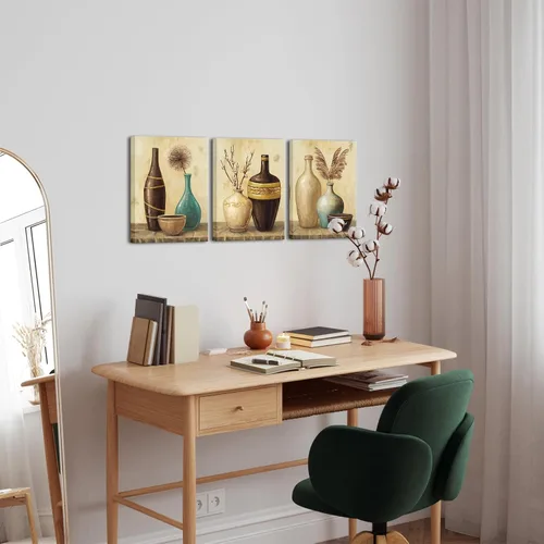 Vista 3 de sechars Arte de pared vintage con florero, flores de granja, pintura de hierba de las pampas, lienzo, cuadros de lienzo, arte estético retro marrón