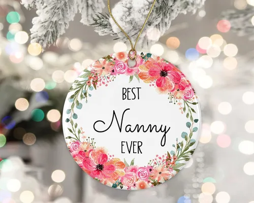 Vista 2 de Adorno de Navidad de flor de niñera, adorno de Navidad para niñera de hijo, hija, regalos de nana, adorno de Navidad impreso en ambos lados