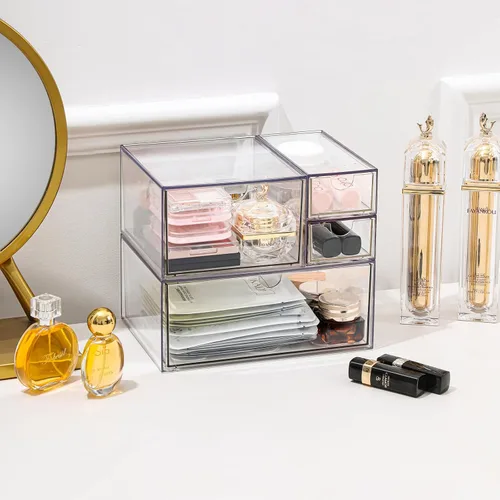 Vista 5 de Organizador de cajones de maquillaje, organizador de cajones de escritorio con 4 cajones, 3 tamaños diferentes, adecuado para escritorio de oficina