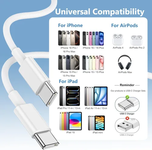 Vista 6 de Cargador de carga rápida para iPhone 17, 16, 15, paquete de 2 cables de carga rápida USB C a C de 10 pies, cable de carga rápida de 20 W, bloque