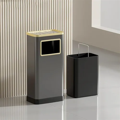 Vista 6 de Cubo de basura de acero inoxidable con tapa, cubo de basura comercial de metal con cubo interior extraíble y cenicero, para oficina, hotel