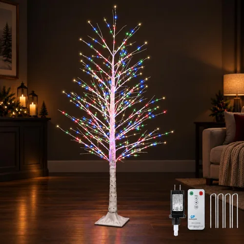 Vista 22 de Árbol de abedul iluminado de 7 pies, 1000 luces LED multicolor con luces parpadeantes, modos parpadeantes o constantes, alambre de alta densidad