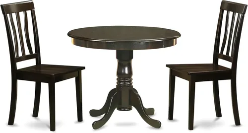 Vista 14 de East West Furniture ANTI3-BLK-W Juego de mesa y sillas de cocina de 3 piezas contiene una mesa de comedor redonda con pedestal y 2 sillas de asiento