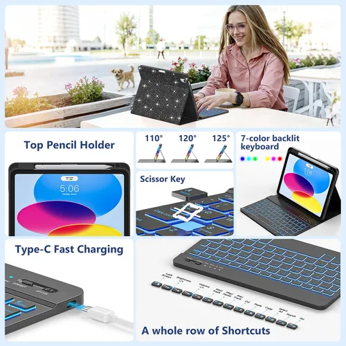 Vista 6 de FUWANG for iPad A16 11th 10th Generation Case with Keyboard - Detachable Backlit Glitter Folio Keyboard with Pencil Holder for iPad A16 11th Gen