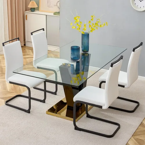 Vista 33 de Juego de mesa de comedor de cristal de 71 pulgadas para 4, juego de mesa de cocina moderno para 4, juego de mesa de comedor para el hogar
