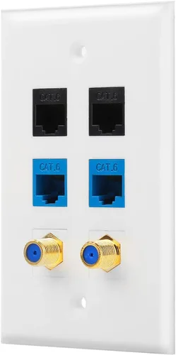 Vista 3 de 1 puerto Ethernet Cat6 y 1 placa de pared de puerto tipo F coaxial de cable chapado en oro (blanco)