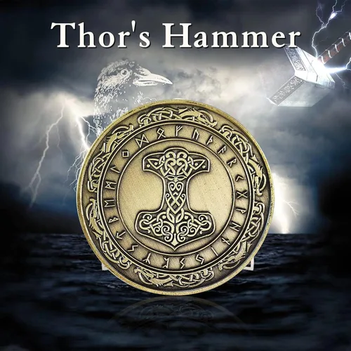 Vista 3 de Moneda Vikingo nórdico Mjolnir Moneda Martillo de Thor Mitología nórdica Talismán