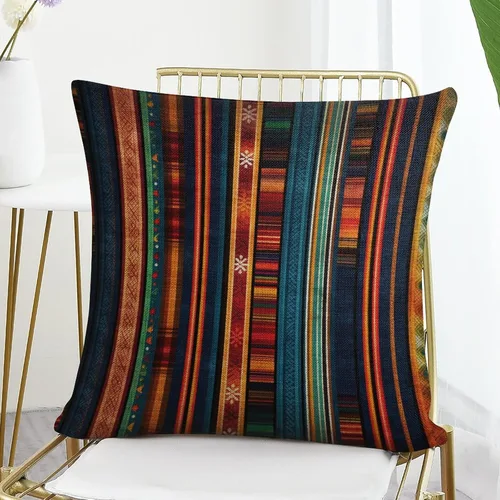 Vista 7 de Funda de cojín de lino con diseño de rayas bohemias, estilo bohemio, mexicano, retro, multicolor, funda de almohada decorativa de tela de lino