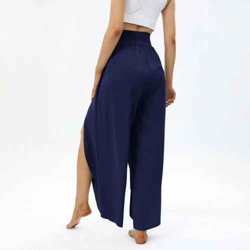 Vista 4 de Bemona Pantalones de pierna ancha para mujer, pantalones de yoga de cintura alta con aberturas, pantalones casuales de playa palazzo para mujer
