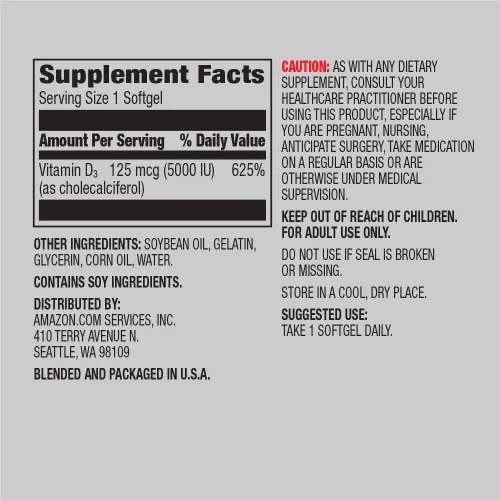 Vista 6 de Amazon Elements Vitamina B12 Metilcobalamina 5000mcg, 65 pastillas con sabor a bayas, suministro de 2 meses y vitamina D3, 5000 UI, 180 cápsulas