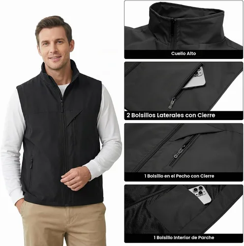 Vista 3 de Chalecos para hombre, a prueba de viento, ligero, softshell sin mangas Negro