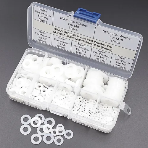 Vista 6 de Kit surtido de arandelas planas métricas M2-M10 de nailon blanco de 550 piezas Separadores de juntas aislantes de plástico para tornillos M2 M2.5