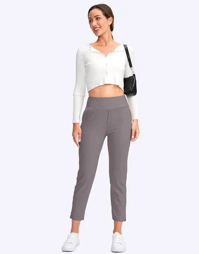 Vista 6 de YYV Pantalones de golf para mujer, elásticos, pantalones de tobillo de cintura alta, pantalones de vestir con bolsillos para yoga, negocios, viajes
