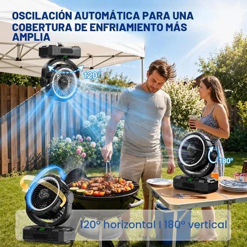 Vista 2 de Ventilador de camping recargable de 9 pulgadas 【Oscilante automático, máximo 60H】Ventilador portátil de 20000 mAh, funciona con pilas, luz Negro