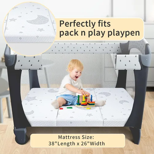 Vista 2 de Colchón triple Pack and Play, colchones Pack N Play con espuma viscoelástica de doble cara, colchón plegable para Pack N Play con funda extraíble