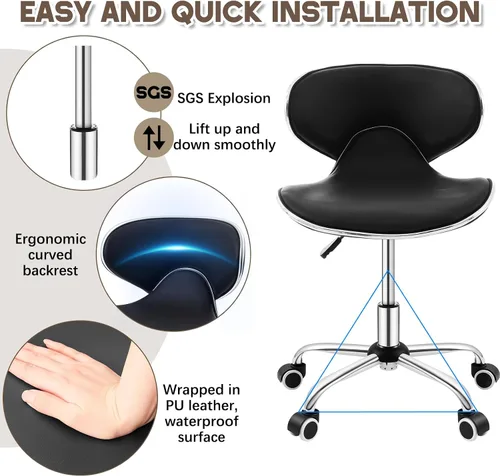 Vista 4 de Silla de pedicura para tecnología de uñas, taburete ergonómico con soporte de espalda, taburete hidráulico ajustable para spa con ruedas, silla