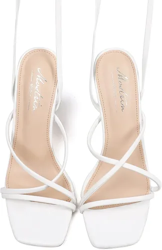 Vista 6 de Mostrin Tacones de tiras para mujer, tacones con cordones, sandalias sexis de tacón de aguja con puntera abierta cuadrada para bailes, fiestas