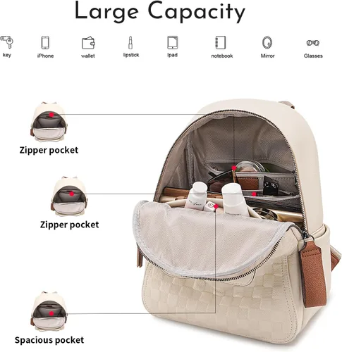 Vista 4 de Mochila pequeña para mujer, bonita mochila a cuadros de piel sintética para mujer, mochila ligera para el hombro, escuela y viajes, Negro