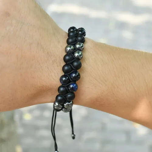 Vista 5 de Blue Tiger Eye Hematite matte Agate Bracelet - Bold and Elegant Fashion Accessory