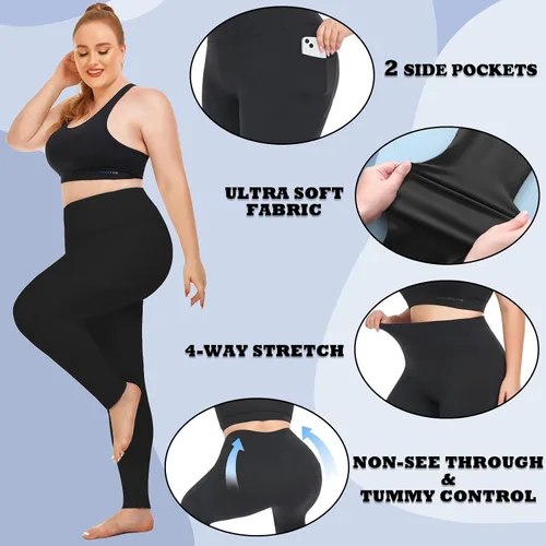 Vista 6 de NEW YOUNG Paquete de 3 leggings de talla grande con bolsillos para mujer, cintura alta, control de abdomen, pantalones de yoga para entrenamiento